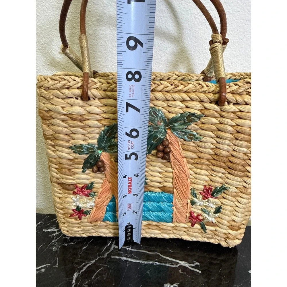 Tropical Palm Tree Embroidered Woven Straw Tote Bag Blue Lining Small Basket